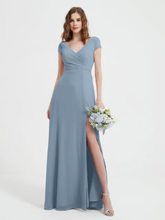 V-neck A-line Chiffon Dress With Slit Dusty Blue