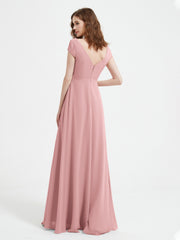 V-neck A-line Chiffon Dress With Slit Dusty Rose Plus Size