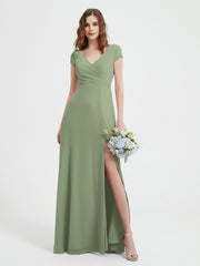 V-neck A-line Chiffon Dress With Slit Dusty Sage