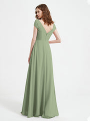 V-neck A-line Chiffon Dress With Slit Dusty Sage