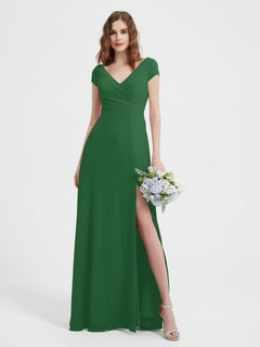 V-neck A-line Chiffon Dress With Slit Emerald