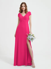 V-neck A-line Chiffon Dress With Slit Fuchsia