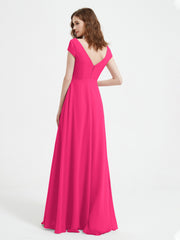 V-neck A-line Chiffon Dress With Slit Fuchsia