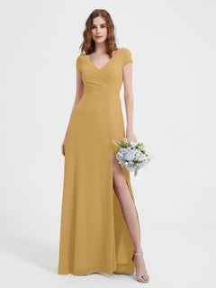 V-neck A-line Chiffon Dress With Slit Gold