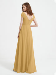 V-neck A-line Chiffon Dress With Slit Gold Plus Size