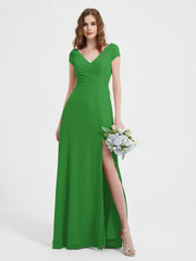 V-neck A-line Chiffon Dress With Slit Green Plus Size