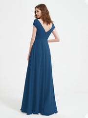 V-neck A-line Chiffon Dress With Slit Ink Blue Plus Size