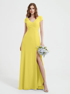 V-neck A-line Chiffon Dress With Slit Lemon