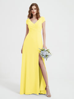 V-neck A-line Chiffon Dress With Slit Lemon