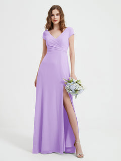 V-neck A-line Chiffon Dress With Slit Lilac