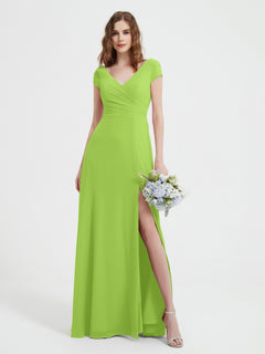 V-neck A-line Chiffon Dress With Slit Lime Green Plus Size