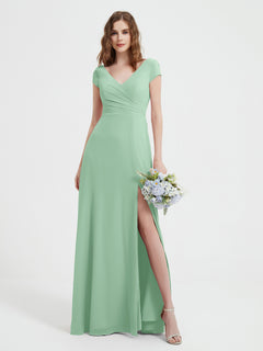 V-neck A-line Chiffon Dress With Slit Mint Green