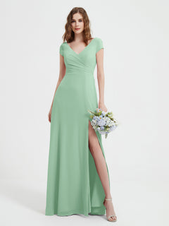 V-neck A-line Chiffon Dress With Slit Mint Green Plus Size