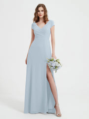 V-neck A-line Chiffon Dress With Slit Mist