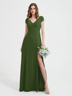 V-neck A-line Chiffon Dress With Slit Moss