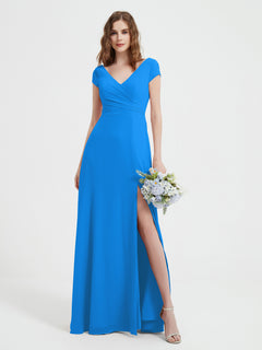 V-neck A-line Chiffon Dress With Slit Ocean Blue