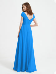 V-neck A-line Chiffon Dress With Slit Ocean Blue Plus Size