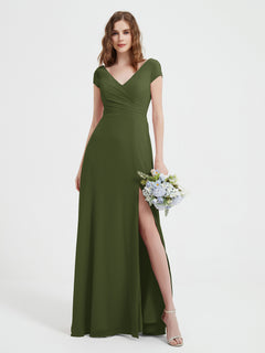 V-neck A-line Chiffon Dress With Slit Olive Green Plus Size