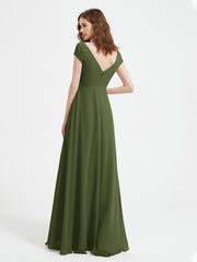 V-neck A-line Chiffon Dress With Slit Olive Green