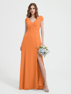 V-neck A-line Chiffon Dress With Slit Orange