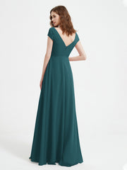 V-neck A-line Chiffon Dress With Slit Peacock