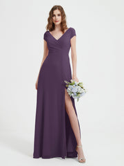 V-neck A-line Chiffon Dress With Slit Plum