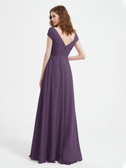 V-neck A-line Chiffon Dress With Slit Plum