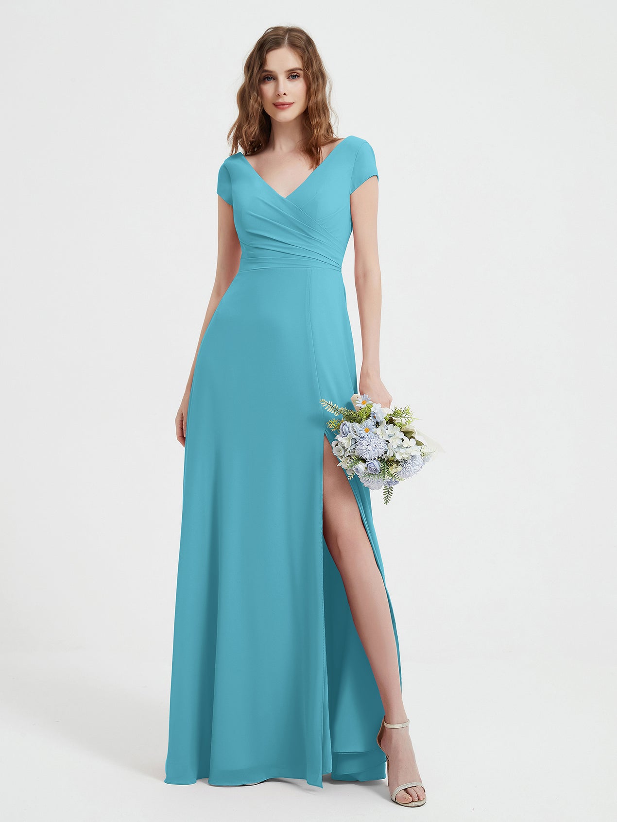 A-line Chiffon Floor Length V Neck Dresses Pool Plus Size
