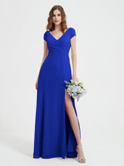 V-neck A-line Chiffon Dress With Slit Royal Blue