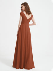 V-neck A-line Chiffon Dress With Slit Rust