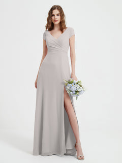 V-neck A-line Chiffon Dress With Slit Silver