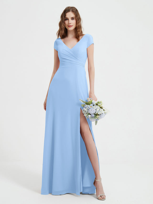V-Neck Half Sleeve Short Pleated Chiffon Dress Sky Blue