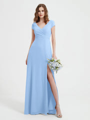 V-neck A-line Chiffon Dress With Slit Sky Blue