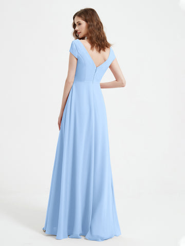 A-Line V-neck Floor-length Dress With Silt Sky Blue