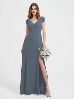 V-neck A-line Chiffon Dress With Slit Slate Blue
