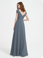 V-neck A-line Chiffon Dress With Slit Slate Blue Plus Size