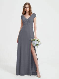 V-neck A-line Chiffon Dress With Slit Steel Grey