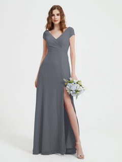 V-neck A-line Chiffon Dress With Slit Steel Grey Plus Size