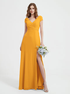 V-neck A-line Chiffon Dress With Slit Tangerine