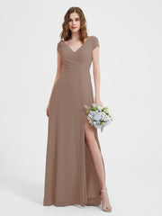 V-neck A-line Chiffon Dress With Slit Taupe