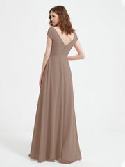 V-neck A-line Chiffon Dress With Slit Taupe Plus Size
