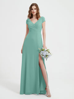 V-neck A-line Chiffon Dress With Slit Turquoise