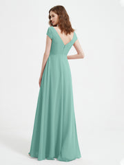 V-neck A-line Chiffon Dress With Slit Turquoise