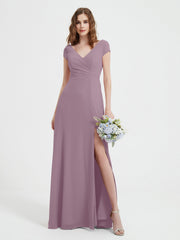 V-neck A-line Chiffon Dress With Slit Vintage Mauve Plus Size