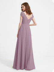 V-neck A-line Chiffon Dress With Slit Vintage Mauve