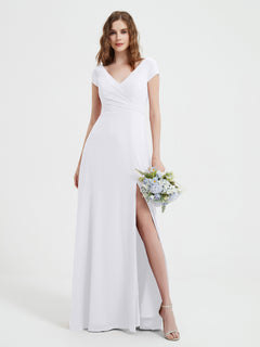 V-neck A-line Chiffon Dress With Slit White