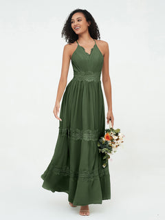 Lace and Chiffon Tiered Skirt Boho Dresses-Olive Green