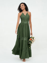 Lace and Chiffon Tiered Skirt Boho Dresses-Olive Green