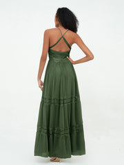 Lace and Chiffon Tiered Skirt Boho Dresses-Olive Green