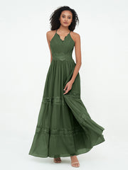 Lace and Chiffon Tiered Skirt Boho Dresses-Olive Green